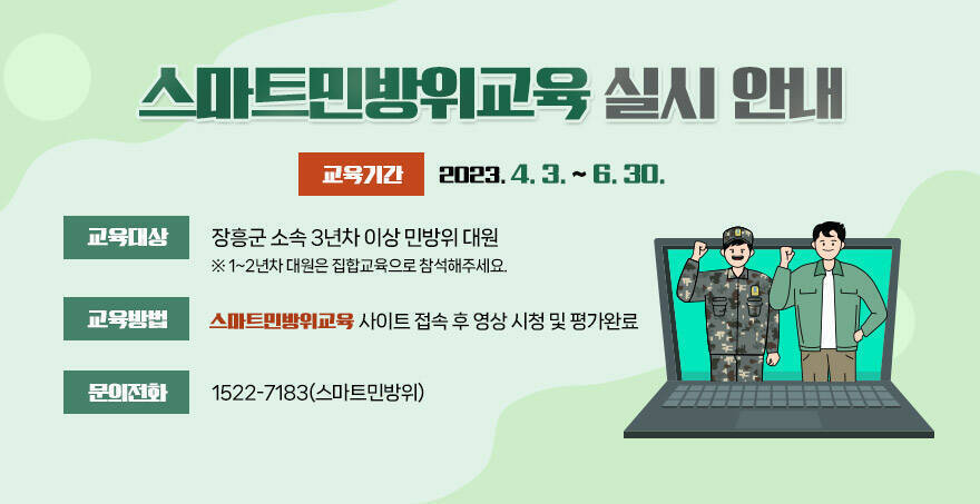 스마트민방위교육 실시 안내 교육기간 : 2023. 4. 3. ~ 6. 30. 교육대상 : 장흥군 소속 3년차 이상 민방위 대원 ※ 1~2년차 대원은 집합교육으로 참석해주세요. 교육방법 : 스마트민방위교육 사이트 접속 후 영상 시청 및 평가완료 문의전화 : 1522-7183(스마트민방위)